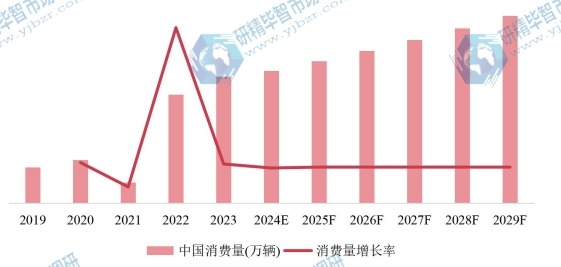 中国市场自行车消费量、增长率及发展预测（2019-2029年）