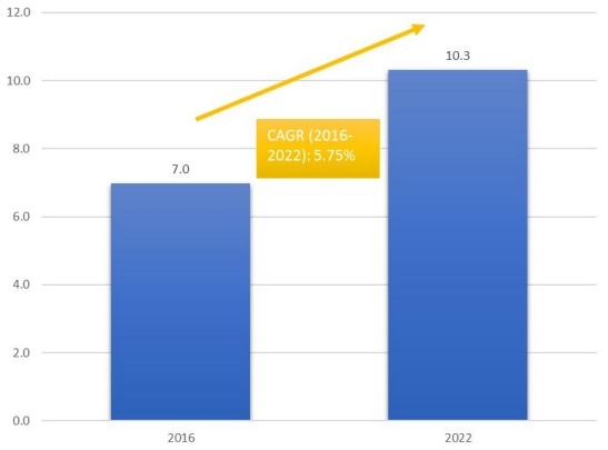 柬埔寨香水和化妆品免税零售市场的市场规模和CGAR(2016-2022) 柬埔寨香水和化妆品免税零售市场的市场规模和CGAR(2016-2022)